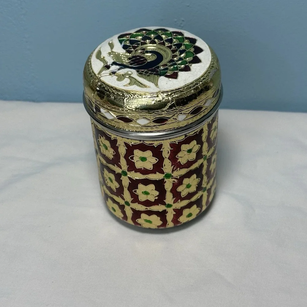 Meenakari Stainless Steel Box Peacock Lid Indian Decorative Canister Dabba